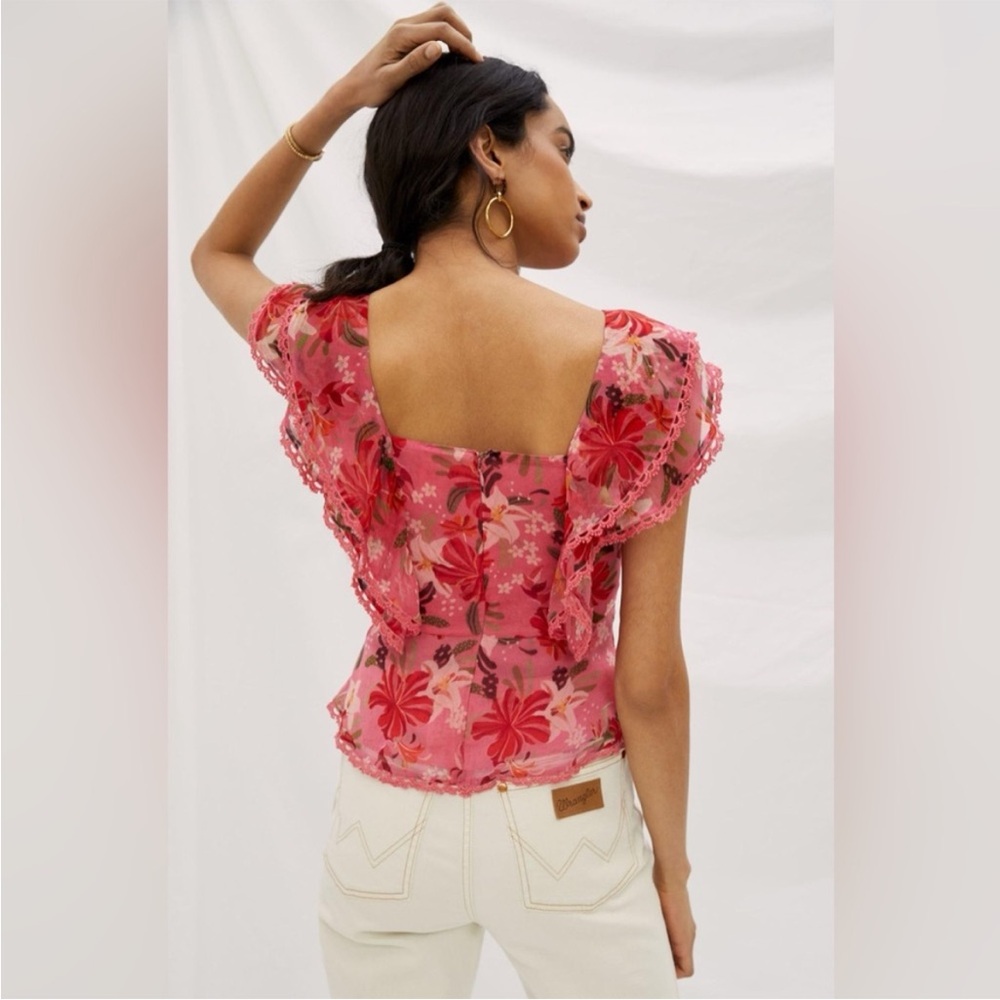 FARM Rio Pink Red Floral Ruffle Square-Neck Blouse - Picture 4 of 15